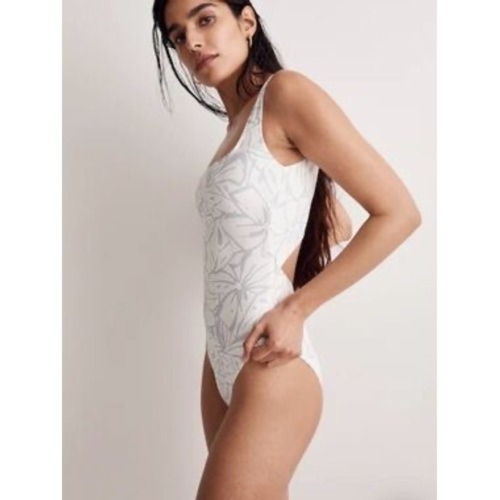 Madewell Second Wave Scoopback One-Piece Swimsuit Palm Leaf NJ923 Cream Grey M